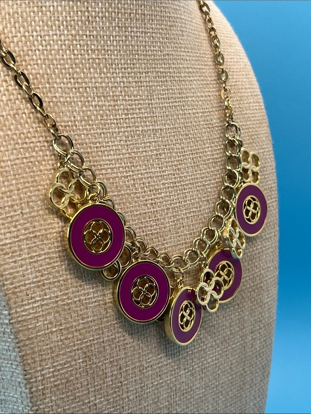 #0002. Erica Lyons Gold-Tone Necklace with Fuchsia Enamel Discs